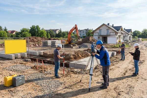 Geodeta wykonujący precyzyjny pomiar działki i budynku za pomocą specjalistycznego sprzętu na placu budowy. W tle widać budowany dom, koparkę oraz innych pracowników. Obraz ilustruje różnorodność pomiarów geodezyjnych.