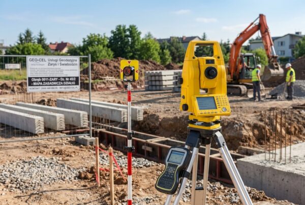 Sprzęt geodezyjny (tachimetr oraz pryzmat na statywie) na placu budowy – pomiary geodezyjne pod przygotowanie mapy zasadniczej i do celów projektowych.